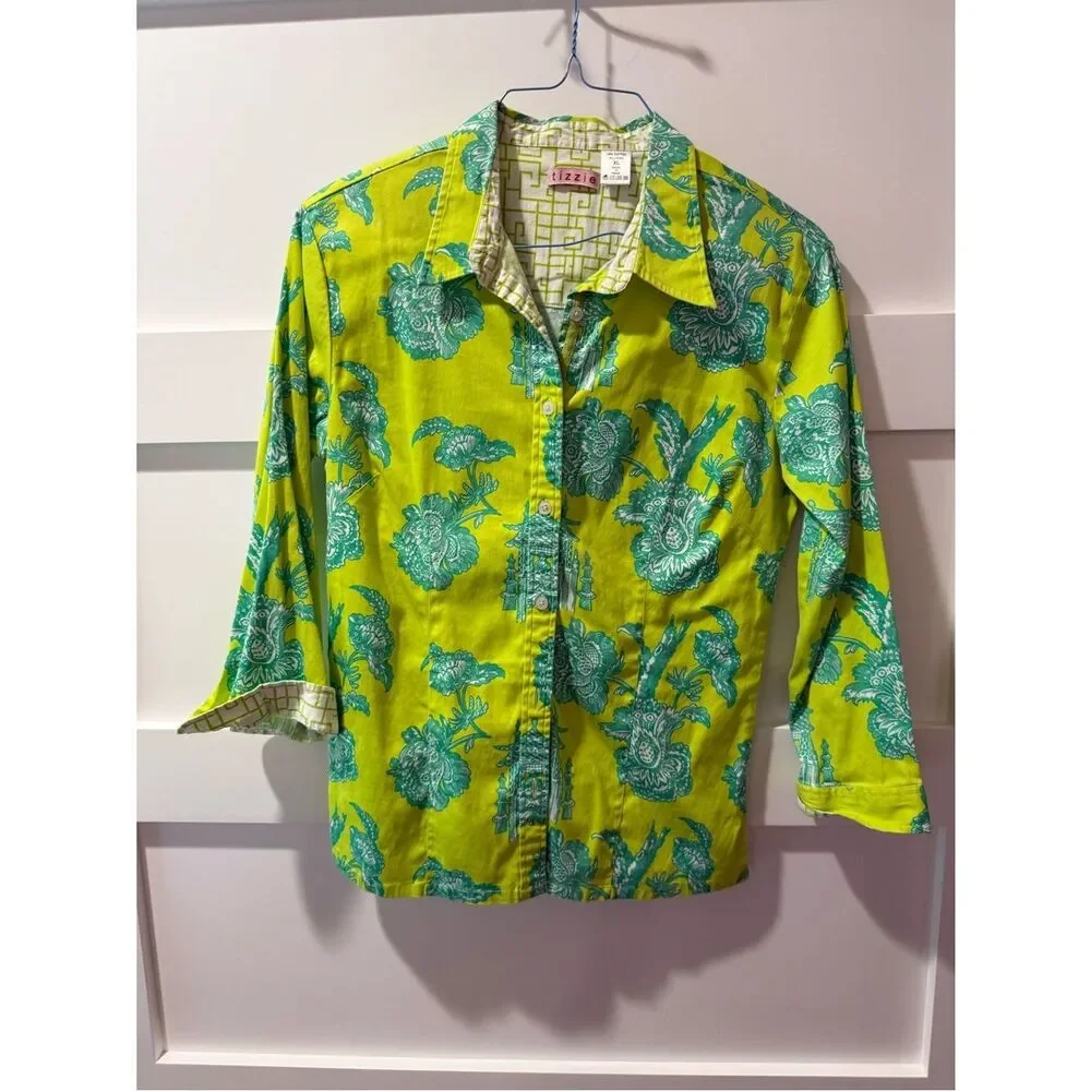 Tissue boho Bright Lime Green Floral Western style Button-Up Blouse